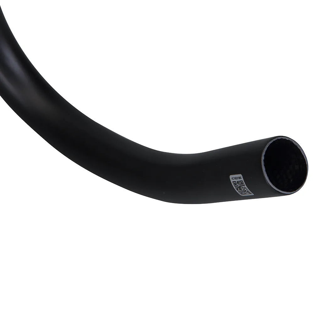 Black carbon fibre bicycle handlebar showing bent shape, with 31.8mm clamp area.