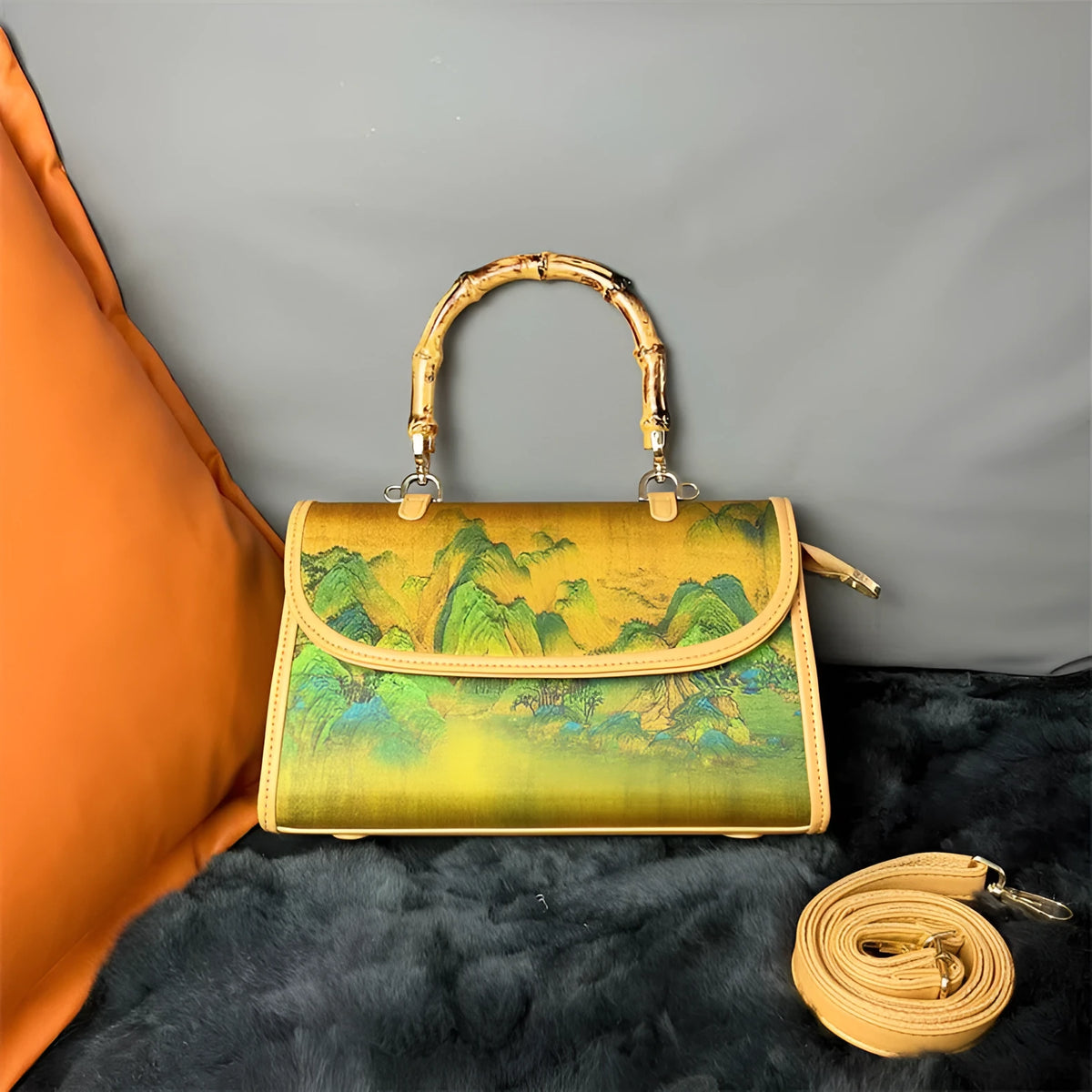 Vintage Chinese-style Xiangyun silk handbag with retro patterns, horizontal rectangular shape and single strap.