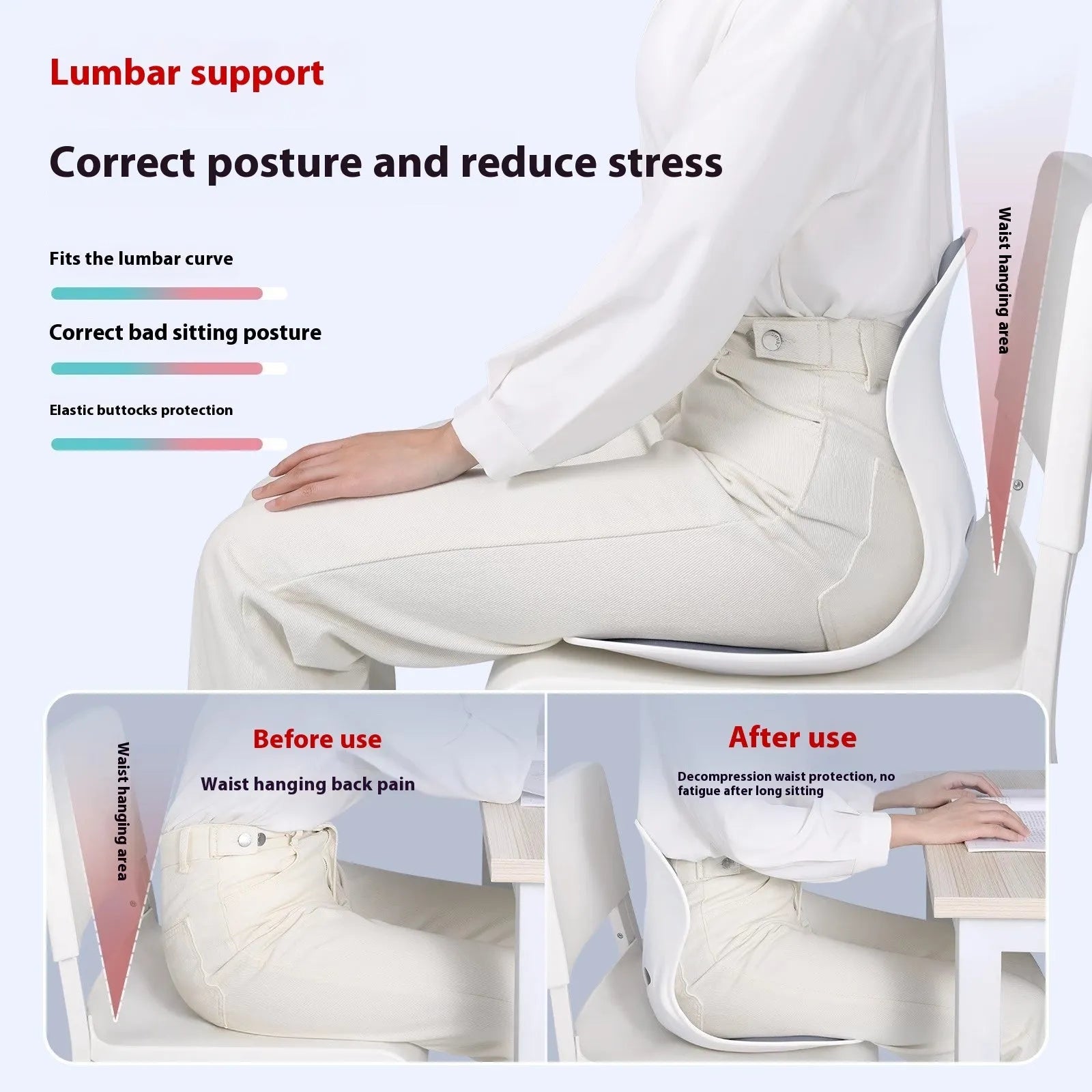 Japanese-style grey lumbar support cushion for office chair with sponge filling