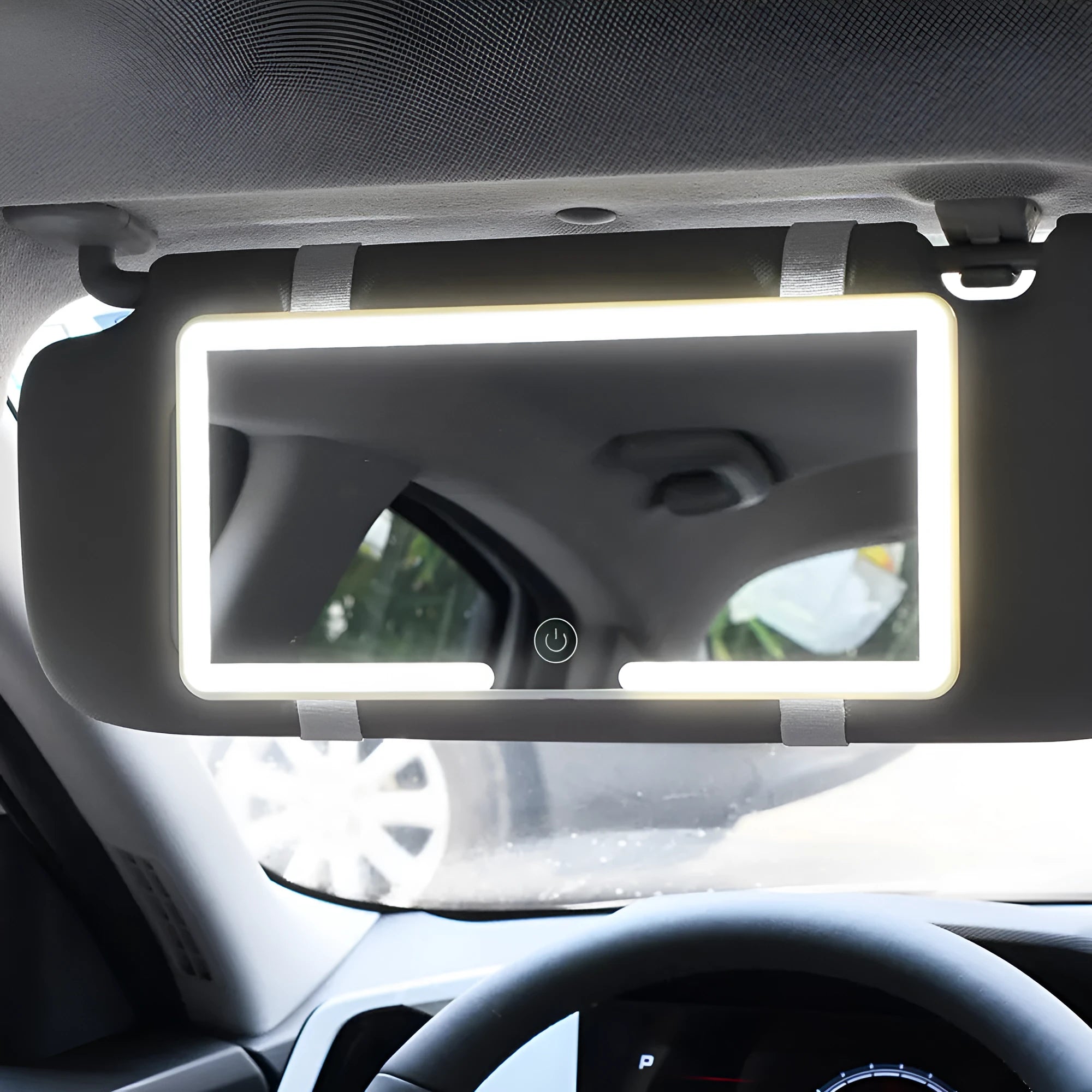 Compact rectangular LED makeup mirror designed for car sun visor mounting.
