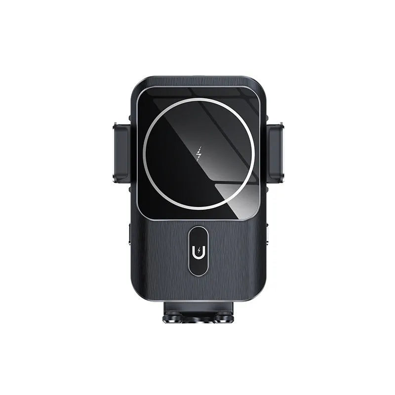 Black car wireless phone charging holder with 15W fast charging capability on vehicle dashboard