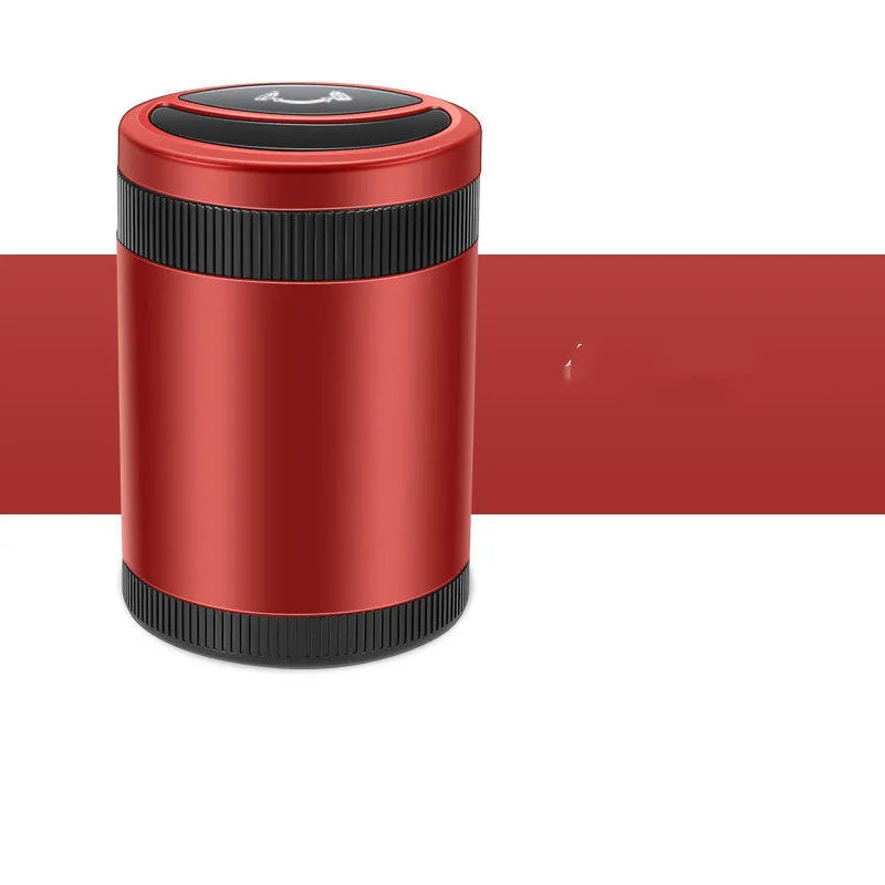 Automatic sensing vehicle ashtray with USB port in grey, black, red, or blue.