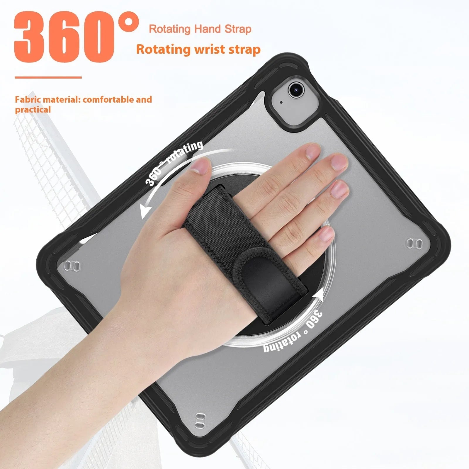 iPad Mini 6 case with rotating bracket and lanyard in black PC TPU material