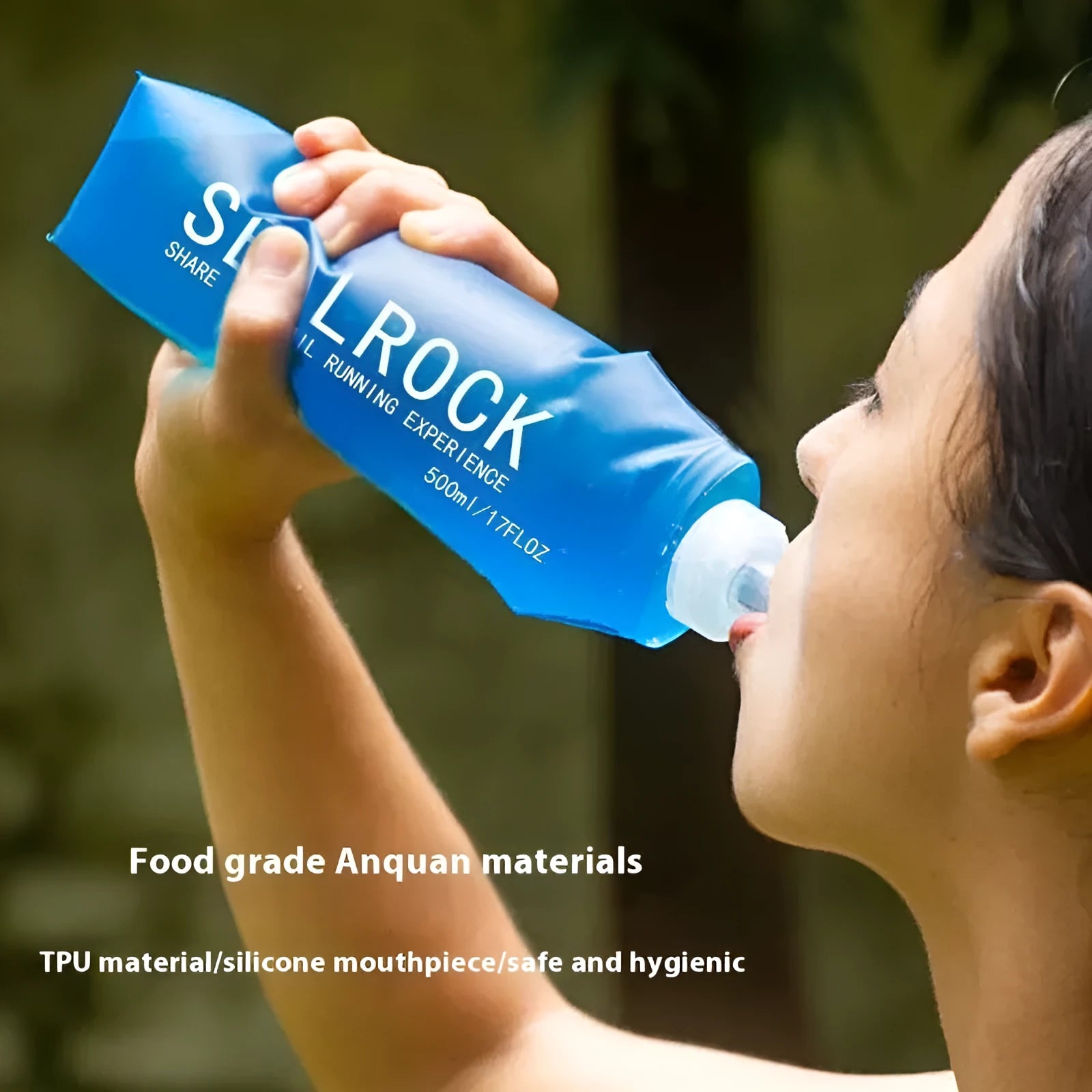 Flexible plastic suction straw with silicone mouthpiece, shown extended and collapsed next to a cycling water bottle.