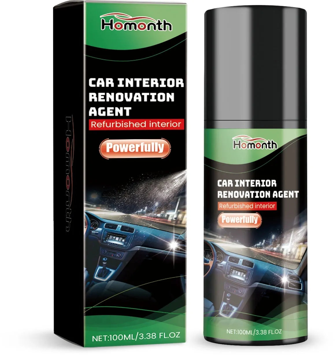 100ml automotive interior refurbishment agent in a PET bottle measuring 3.8 x 3.8 x 14.8cm for car seats, dashboards, door panels and trim