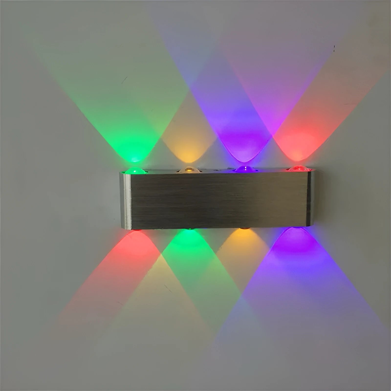 Silver rectangular LED wall lamp with aluminium frame offering seven colour light options
