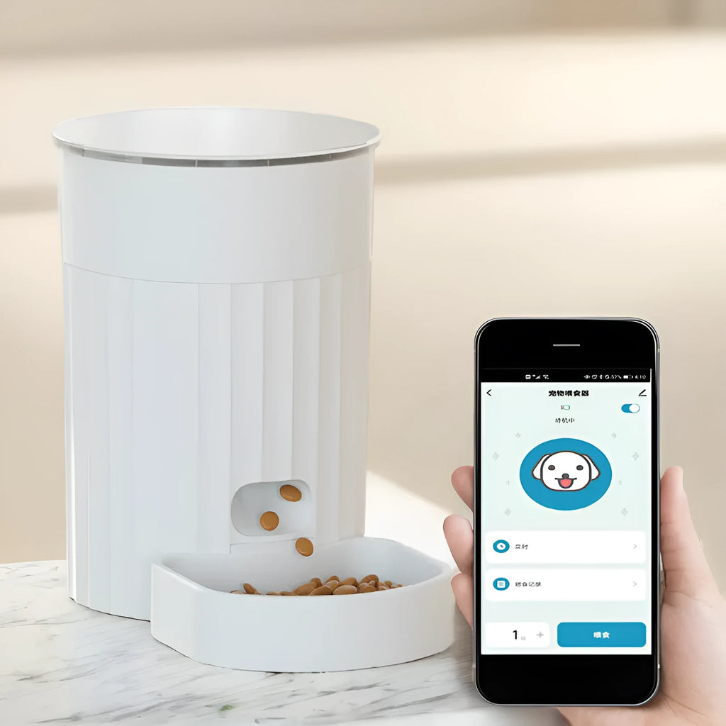White PP plastic cat automatic pet feeder with programmable schedule and WiFi control on a countertop