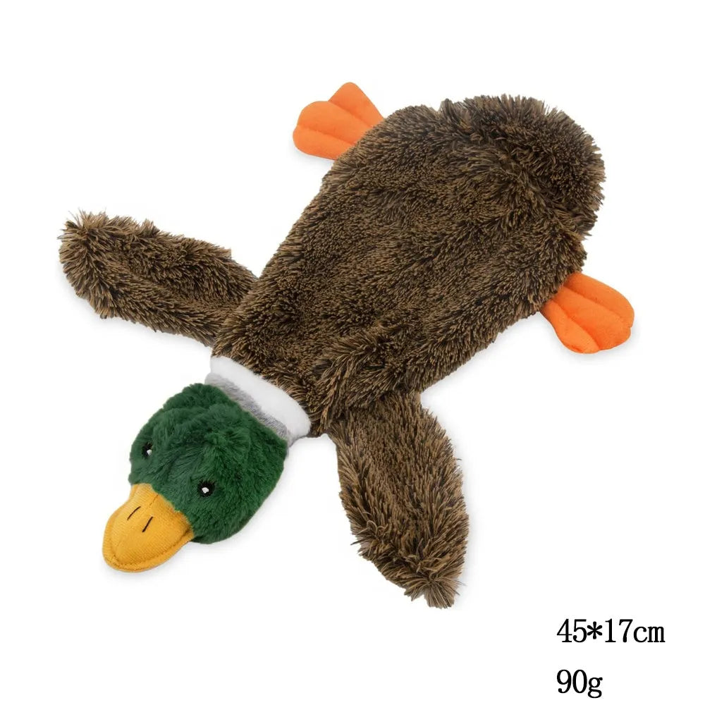 Green Wild Duck stuffless plush dog toy with squeakers and a cavity for a bottle.