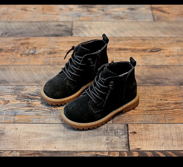 Black children's single boots with sheepskin upper and beef tendon sole, sizes 21-37, autumn footwear