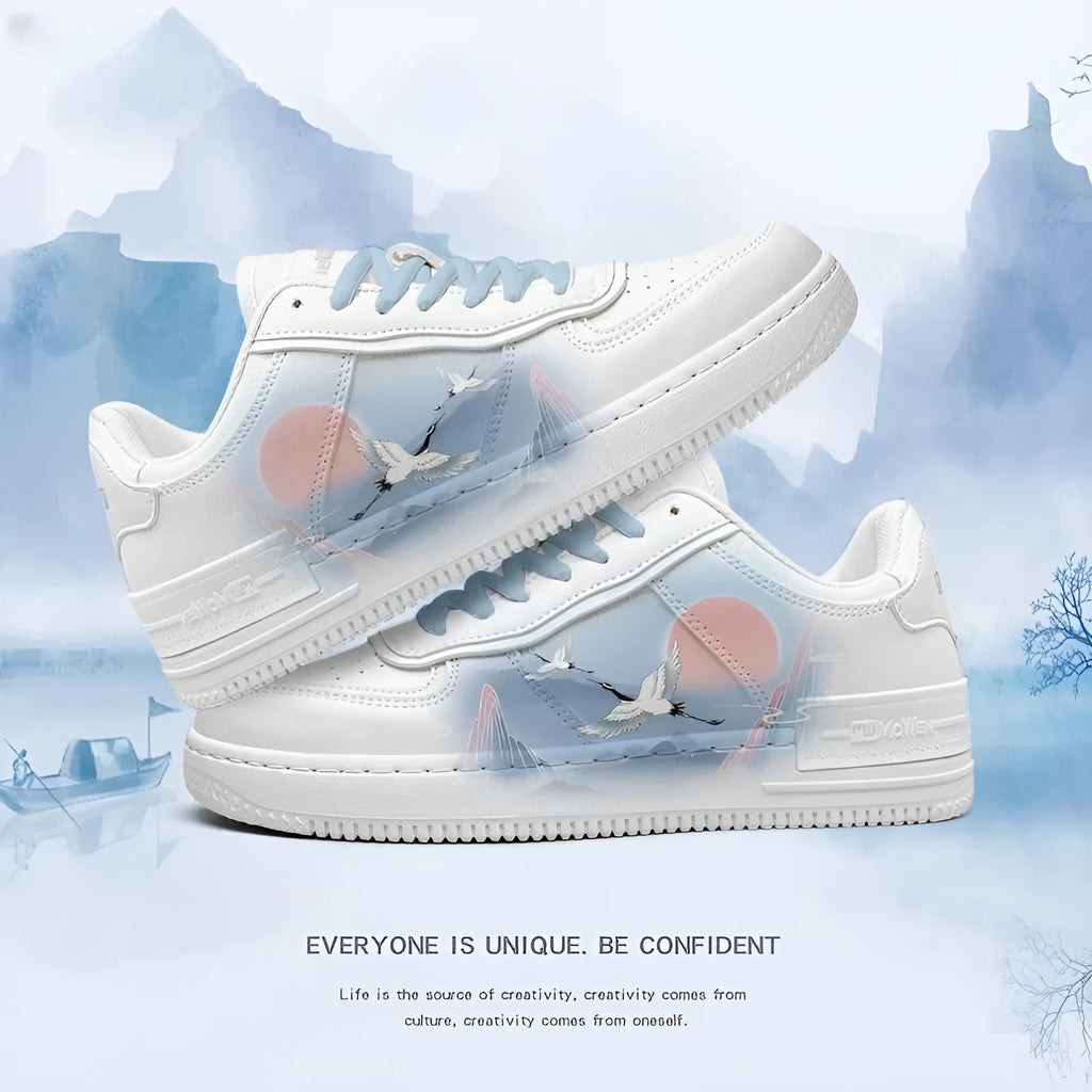 White crane board sneakers low top artificial PU cartoon style white with sky blue laces unisex spring shoes
