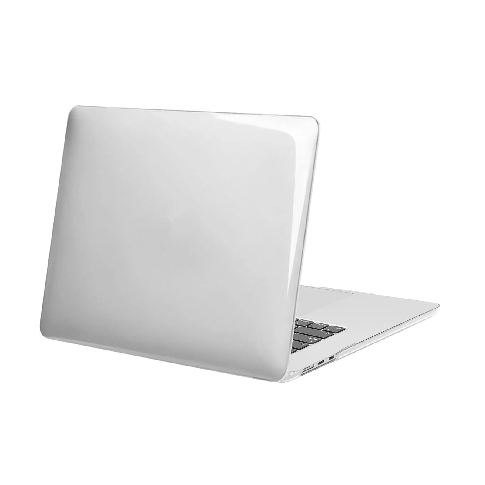 Clear and clear black transparent plastic protective shell case for a MacBook laptop.