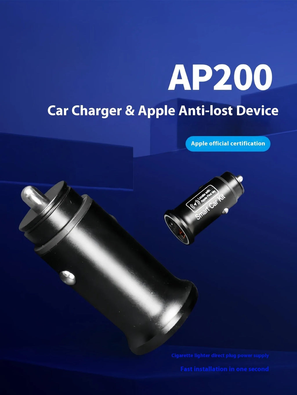 Black car GPS locator with a 12V cigarette lighter plug and a coiled 1.5-metre power cable on a dark surface.