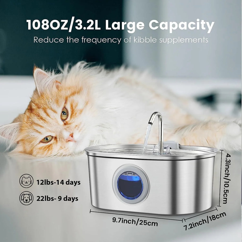 Stainless steel cat water dispenser with pump, filter element, filter cotton, outlet head, and optional adapter.