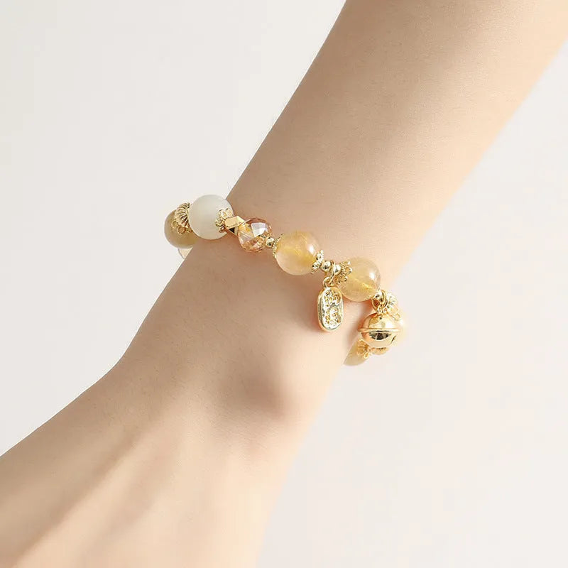 Korean style gold rutilated quartz crystal bracelet with electroplated Lucky Fortune finish