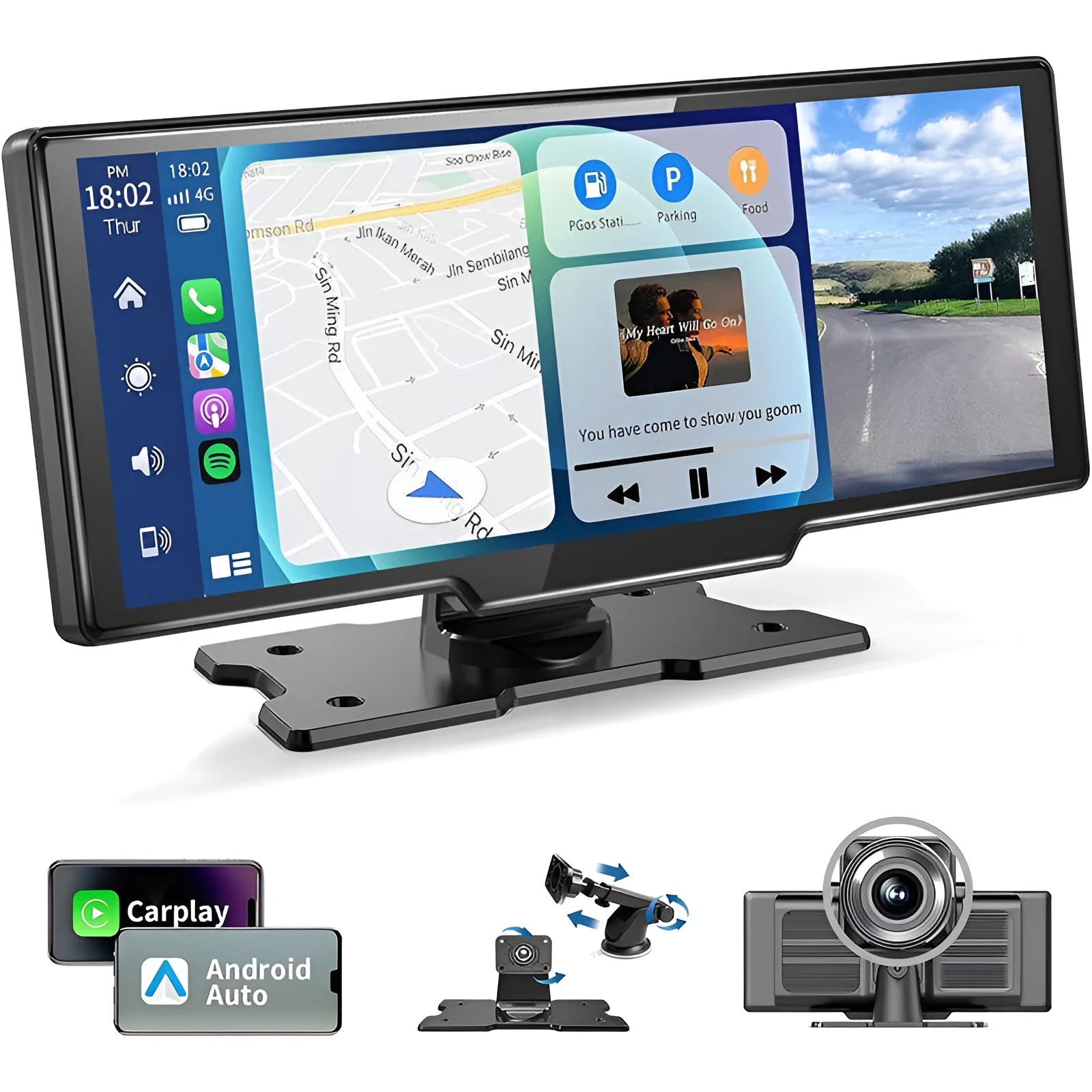 10.26-inch black car navigation device with touch screen showing split display of front and rear camera views