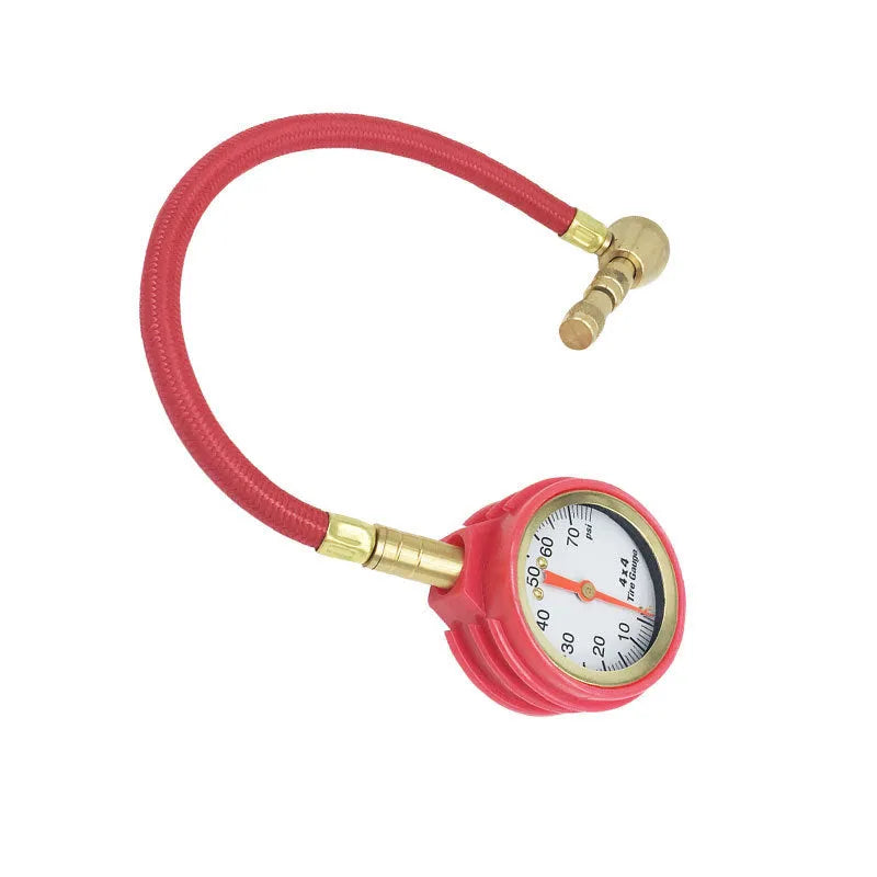 Red and black mechanical automobile tyre pressure gauge with a rubber shell and deflation button.