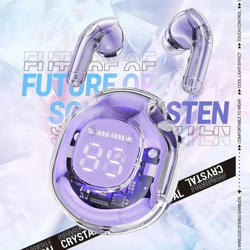 Transparent plastic wireless Bluetooth in-ear headset shown in various colours.