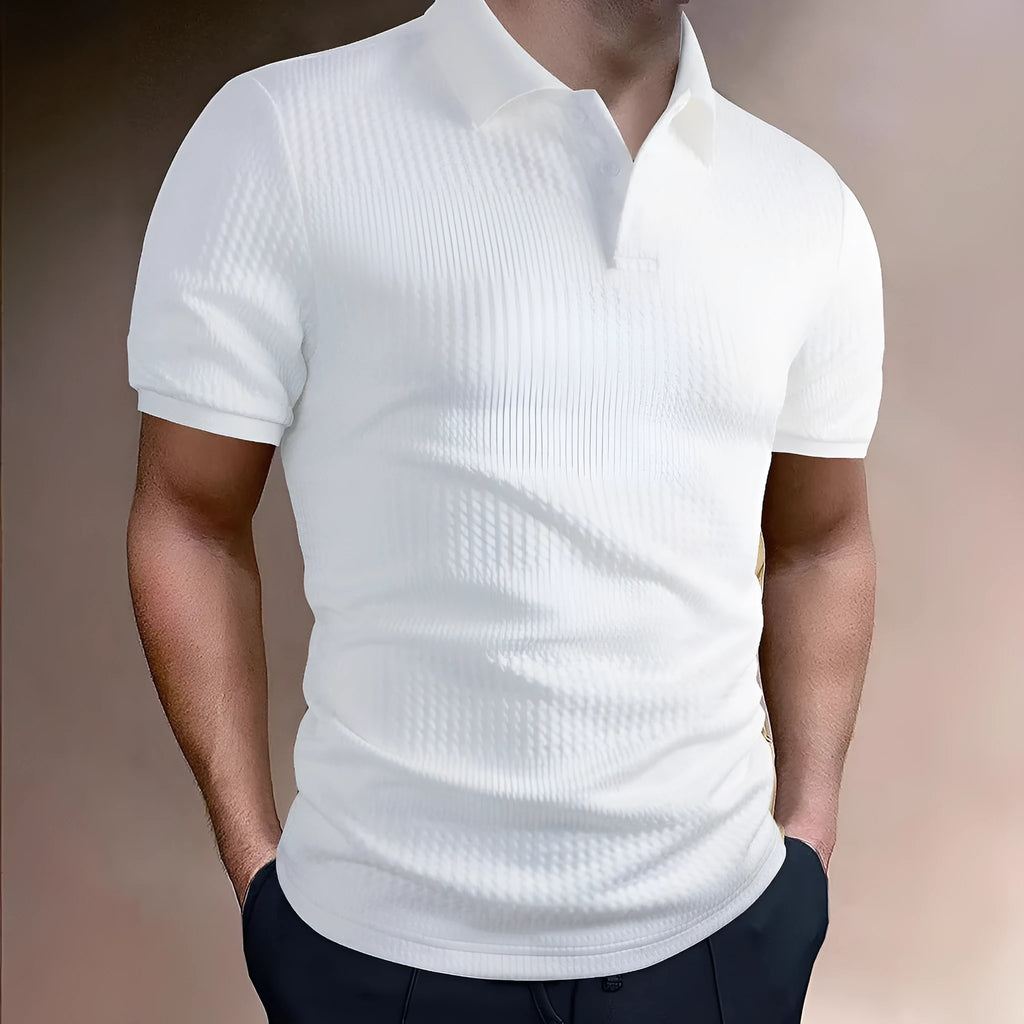 Men's loose-fit striped polo shirt in light blue with an asymmetric hem and short sleeves.