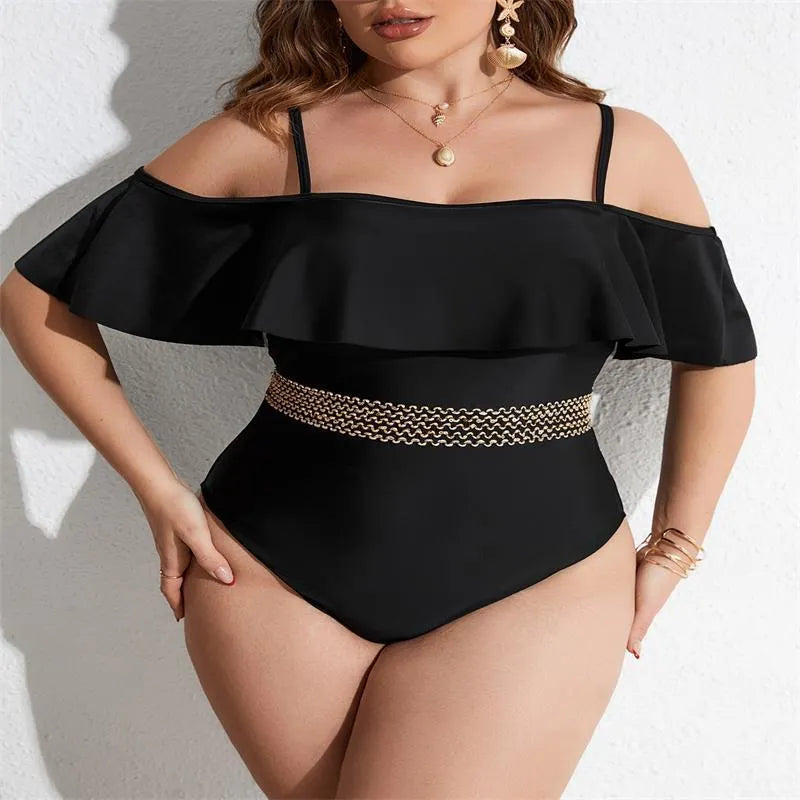 Black women's one-piece swimsuit in plus sizes from 0XL to 4XL made from polyester fabric