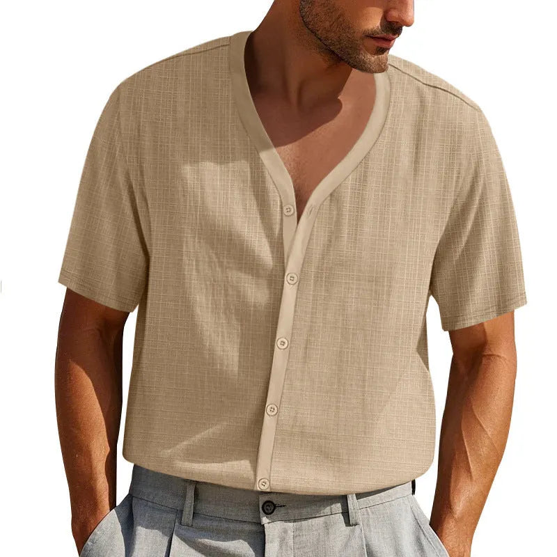 Men's loose bamboo imitation linen short-sleeved Henley shirt in solid colour, front view