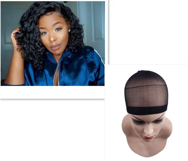 Black small curly wig, 35cm length, adjustable 52-56cm head circumference, matte synthetic fibre
