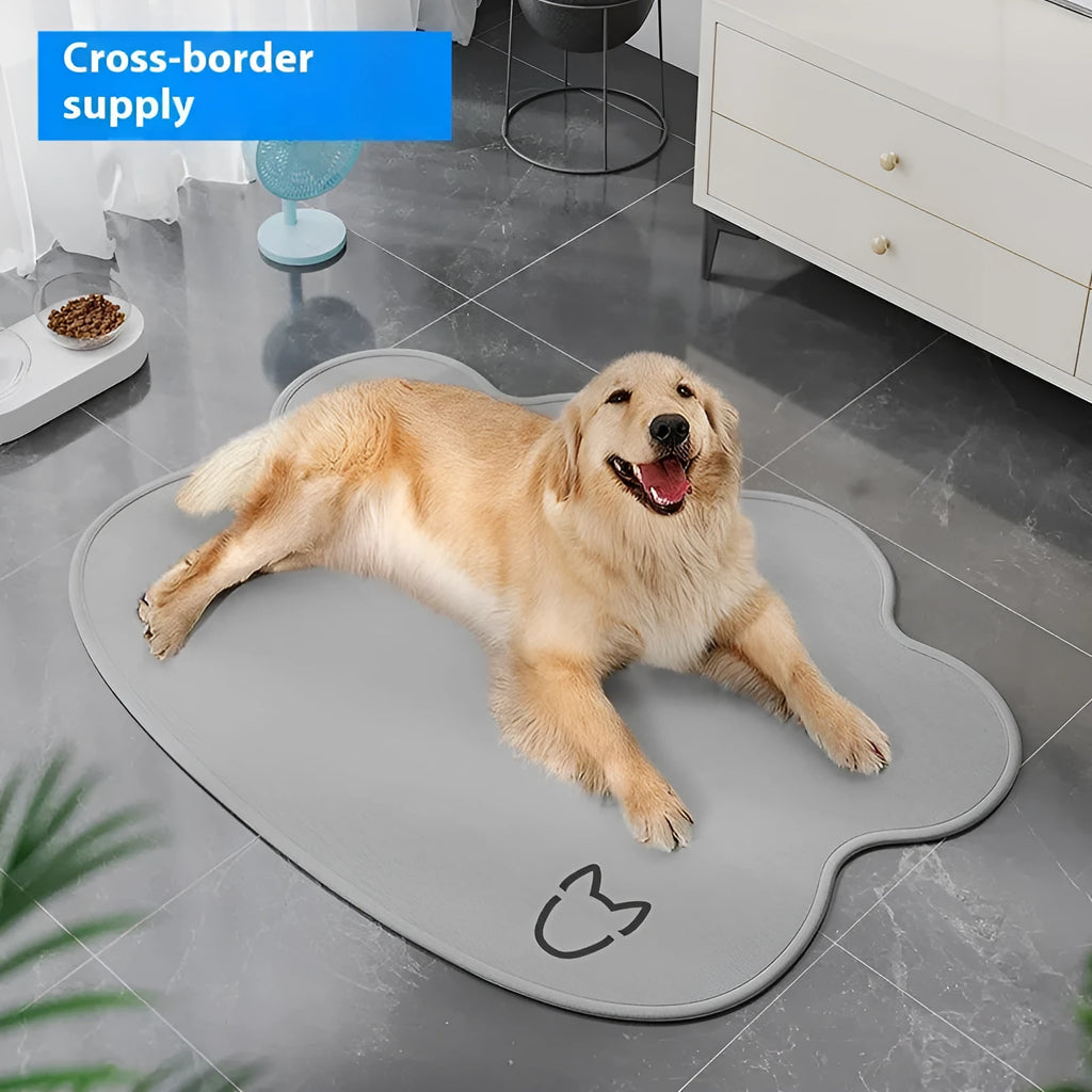 Light gray dog head shaped ice silk cooling mat for pets on a wooden floor