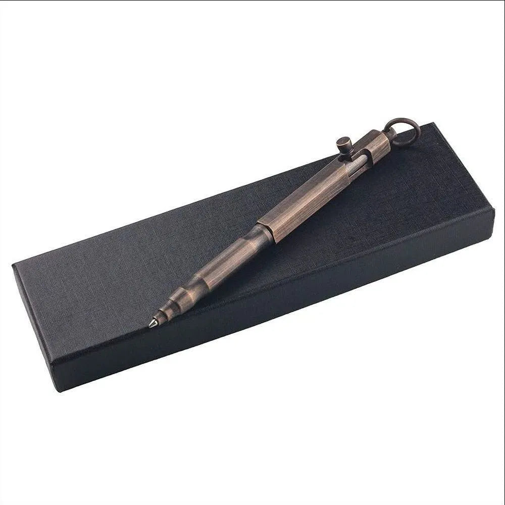 Brass hexagonal bolt tactical pen in natural brass and retro black colours, showing 13cm length.