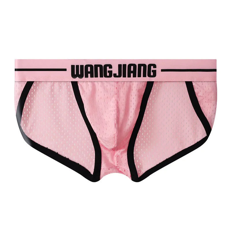Men's ice silk triangle underwear with mesh panels in black, white, grey, blue, pink, and light green