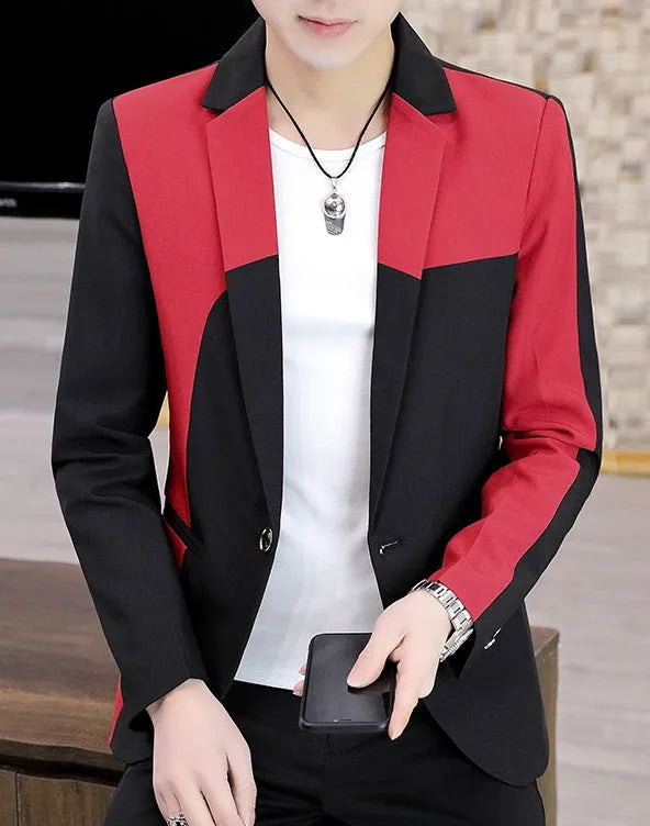 Black and red polyester single-breasted blazer for men, suit coat, full front view