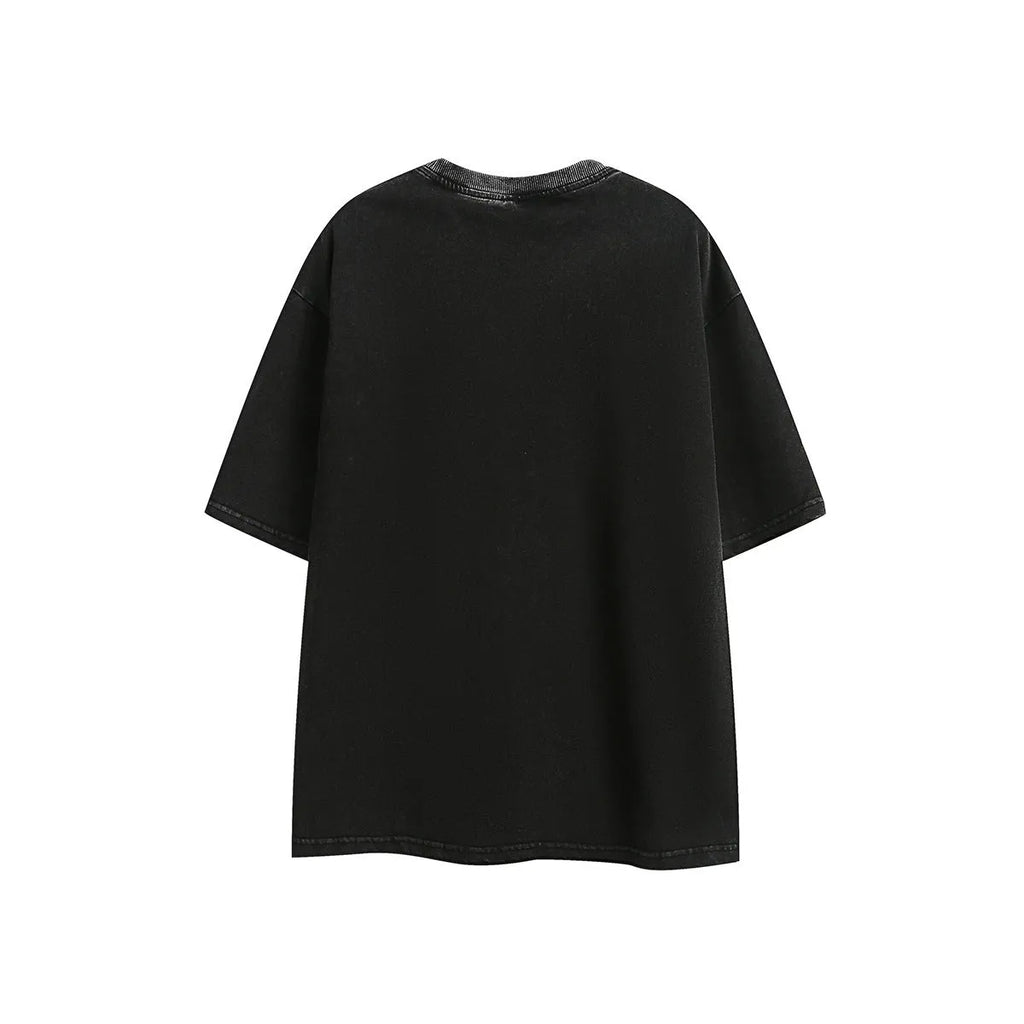 Retro loose fit short-sleeved t-shirt in black or purple with embroidered washed texture