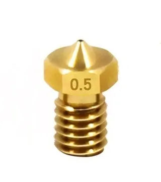 Brass 3D printer nozzle with M6 thread and multiple aperture size options from 0.2mm to 1.0mm.