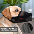 Breathable mesh dog muzzle in black or orange, sizes XXS to XL, with adjustable fit for anti-bite and anti-barking use.
