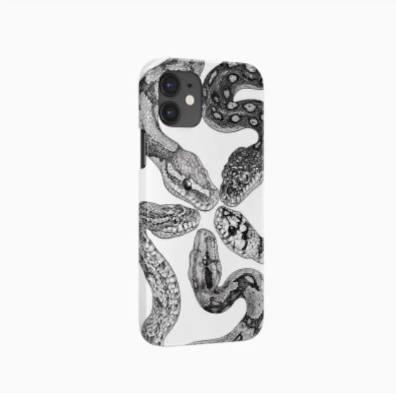 Black and white retro python illustration phone case on an iPhone, available in frosted or glossy hard shell finish
