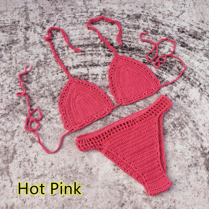 Women's white handmade crochet bikini swimsuit set with a separate matching skirt.