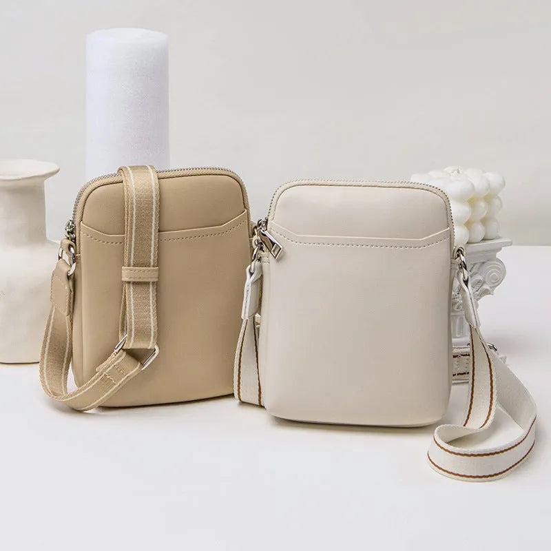Simple solid colour mobile phone crossbody bag in PU leather showing black, beige, khaki, and green colour options.
