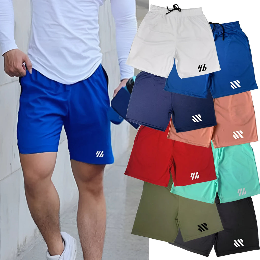 Men's black metal silk fabric running shorts with a loose fit on a plain background.