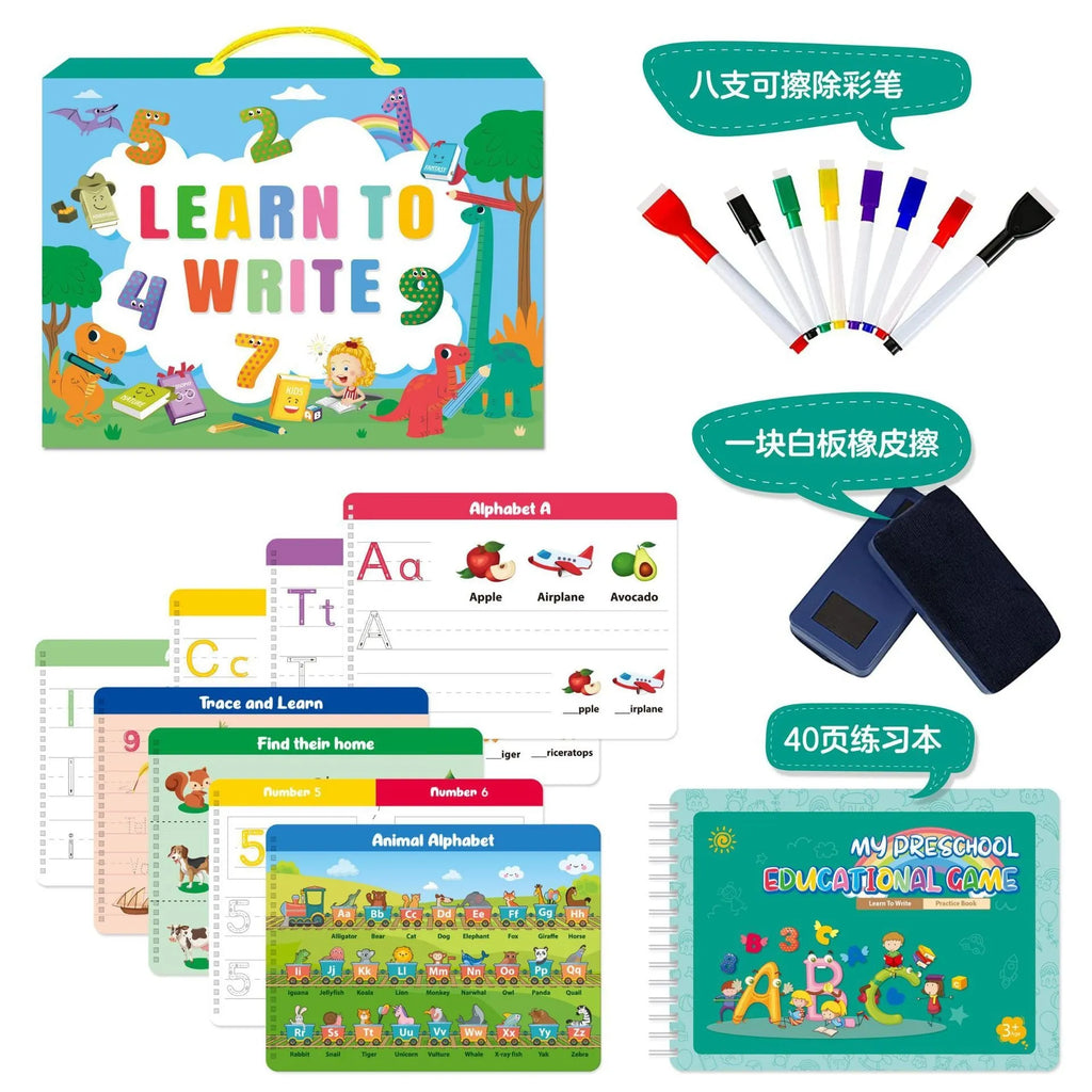 Montessori children's handwriting practice book with wipe-clean pages and 8 coloured pens in gift box