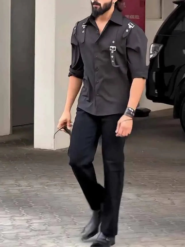 Men's black polyester button-up utility shirt laid flat, showing button front and regular-length cut.