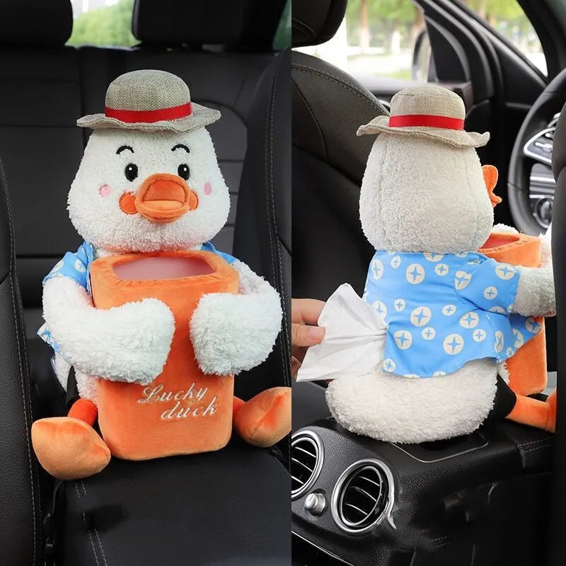 Plush car tissue box and trash can two-in-one unit in pink soft rabbit design on car centre console