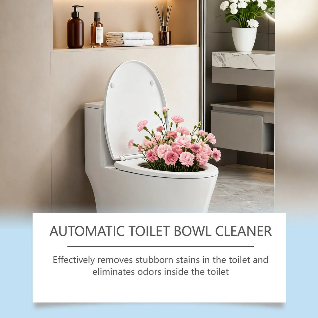 Pack of 12 automatic toilet bowl cleaner sheets with decontamination formula on white background
