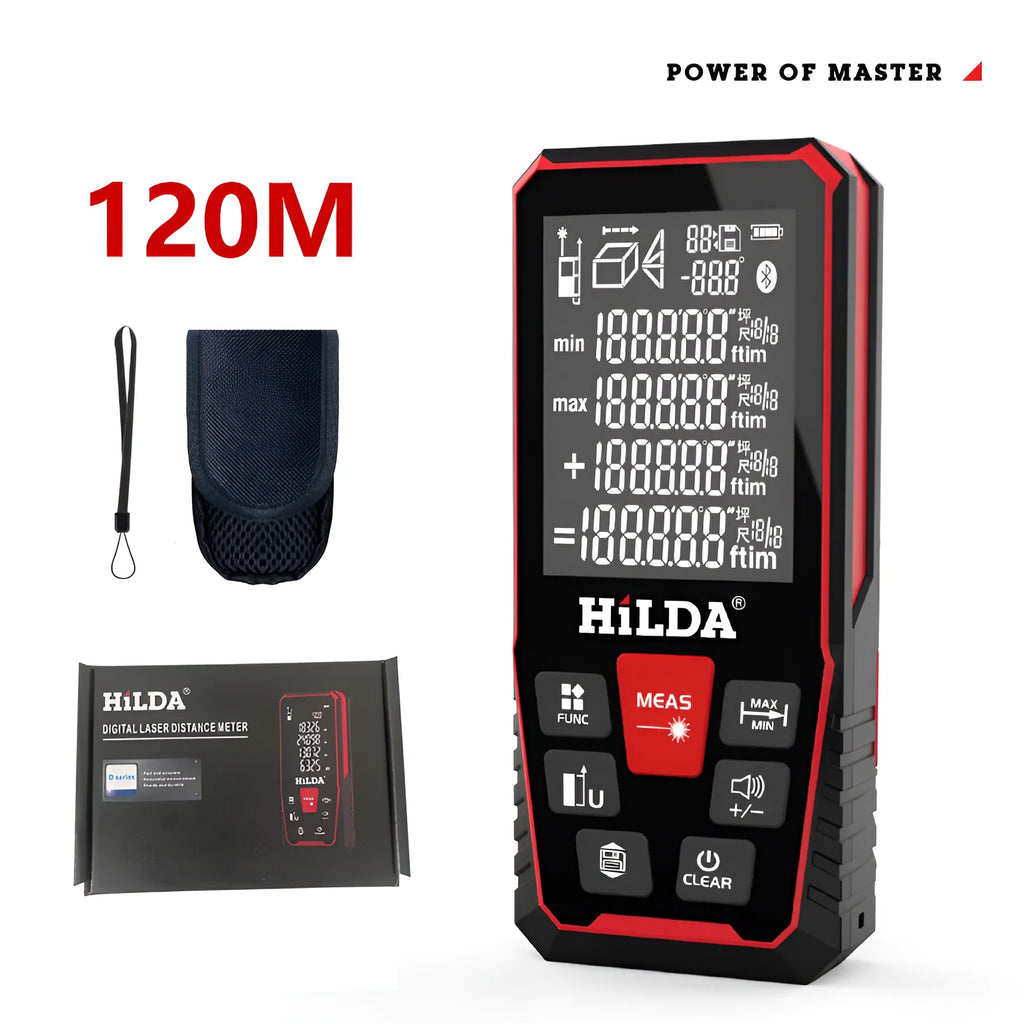A handheld plastic laser rangefinder for measuring distances of 100 or 120 metres.
