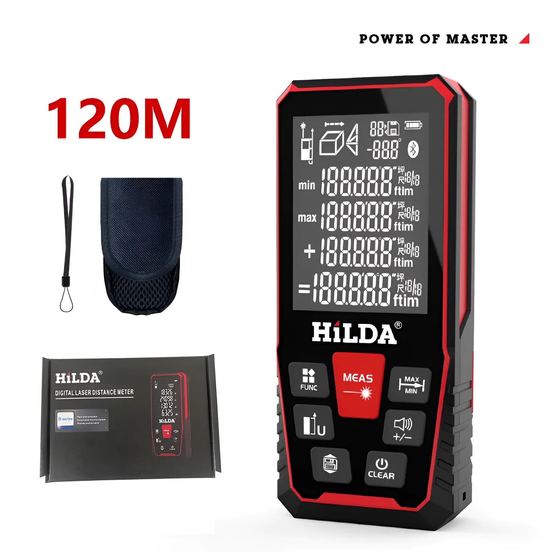 A handheld plastic laser rangefinder for measuring distances of 100 or 120 metres.