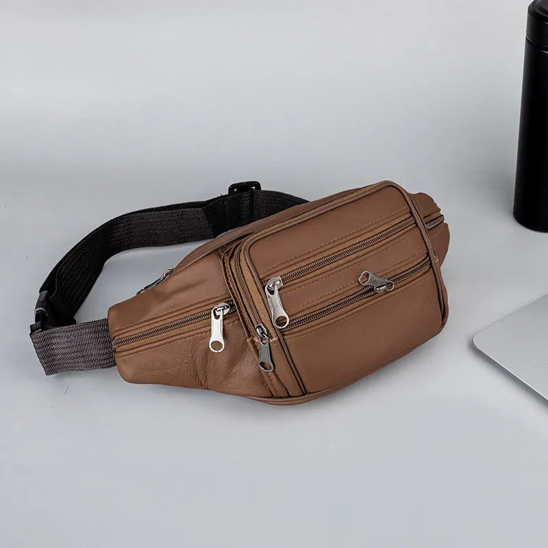 Genuine leather sports waist pack for men in black, invisible running pack with belt and zip closure