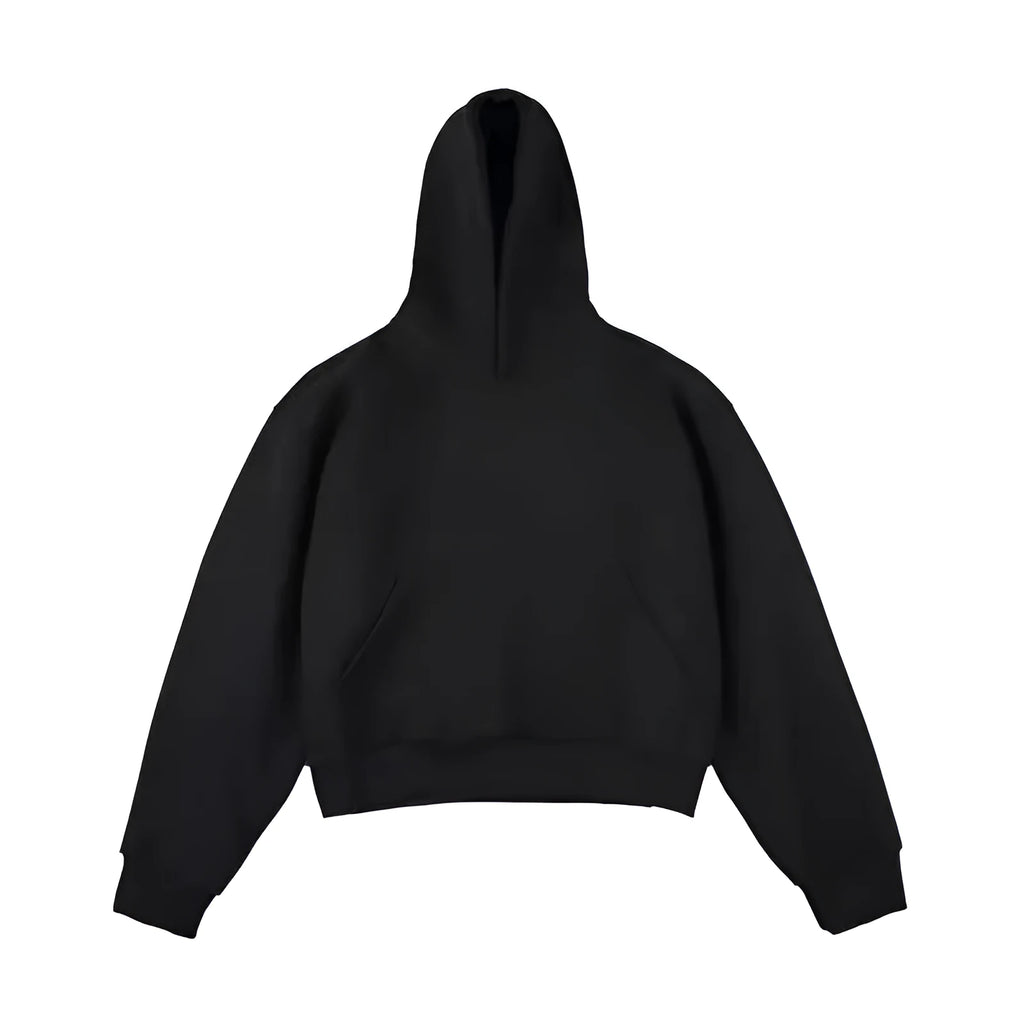 Dark grey Chinese cotton velvet hooded sweatshirt with a removable hood on a hanger.