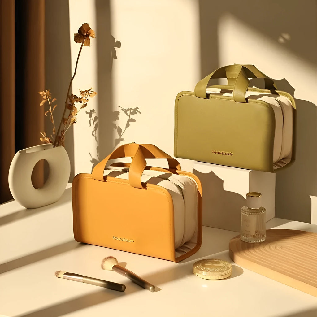Imitation leather cosmetic bag in large capacity portable design for car storage