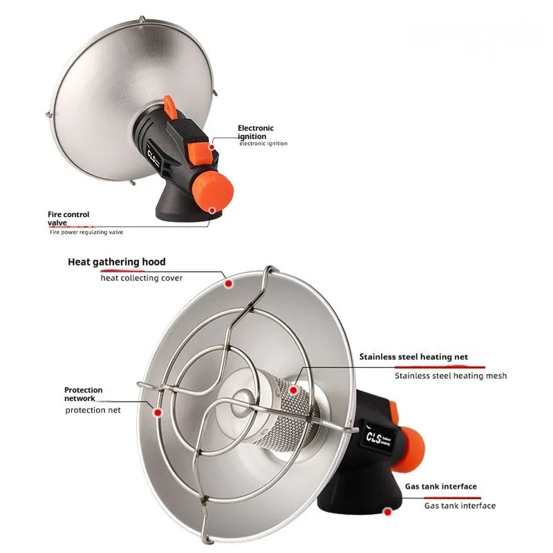 Black and orange portable camping heating stove with automatic ignition.