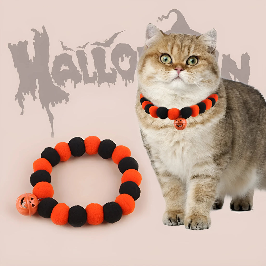 Halloween pumpkin pet collar with adjustable band, satin ribbon bow, and bell for cats and small dogs