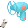 Blue interactive cat toy gun with spinning Frisbee launcher for indoor feline play