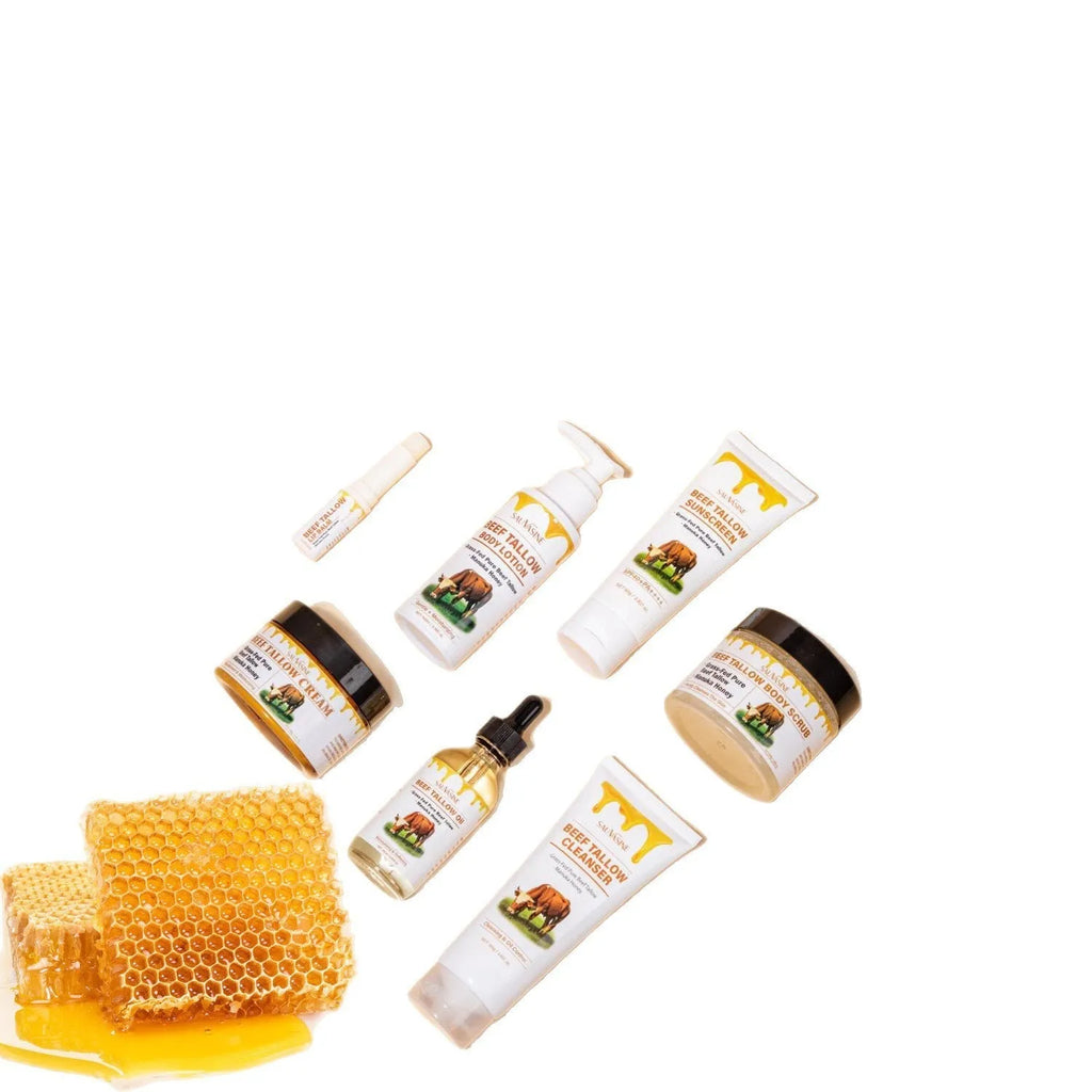 Butter Honey 7-piece skincare set showing facial cleanser, face cream, lip balm, protective cream, body lotion, facial scrub and beef tallow