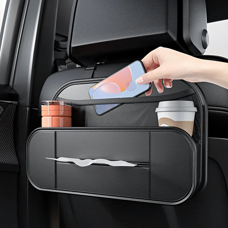 Black leather car seat rear storage bag showing compartments and dimensions
